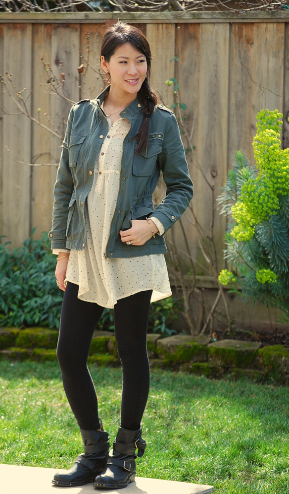 Army Jacket and Volcom Sheer Dotted Dress