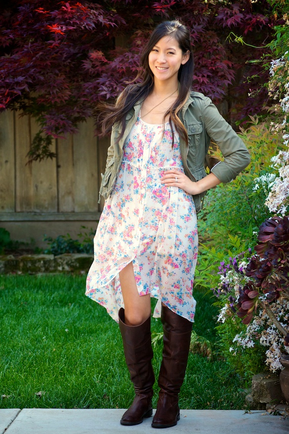 High Low Floral Dress with Tall Boots Outfit