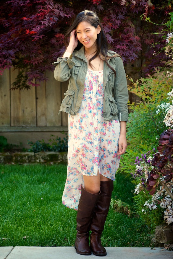 High Low Floral Dress with Tall Boots Outfit