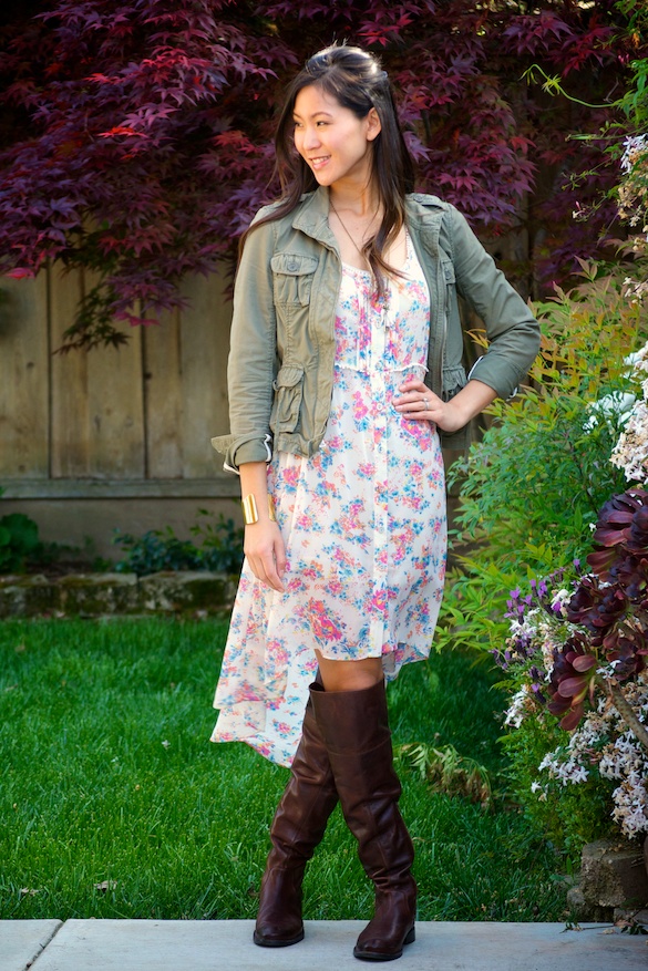 High Low Floral Dress with Tall Boots Outfit