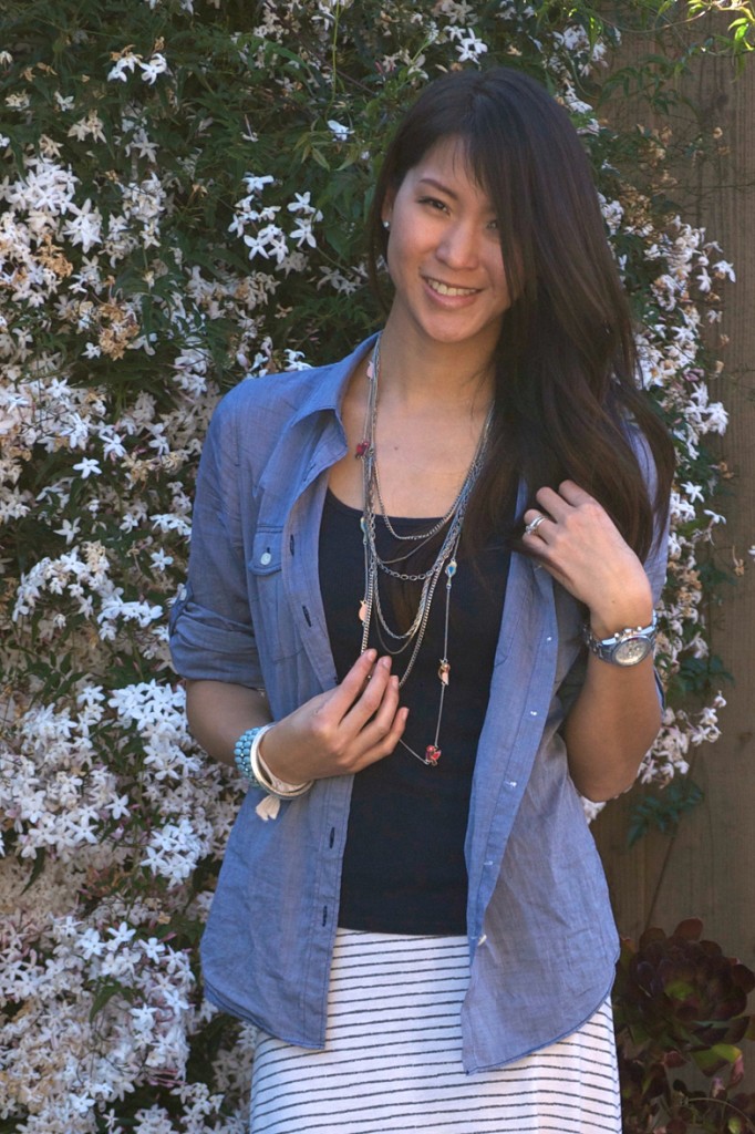 Linen Denim Shirt and Striped Maxi Skirt