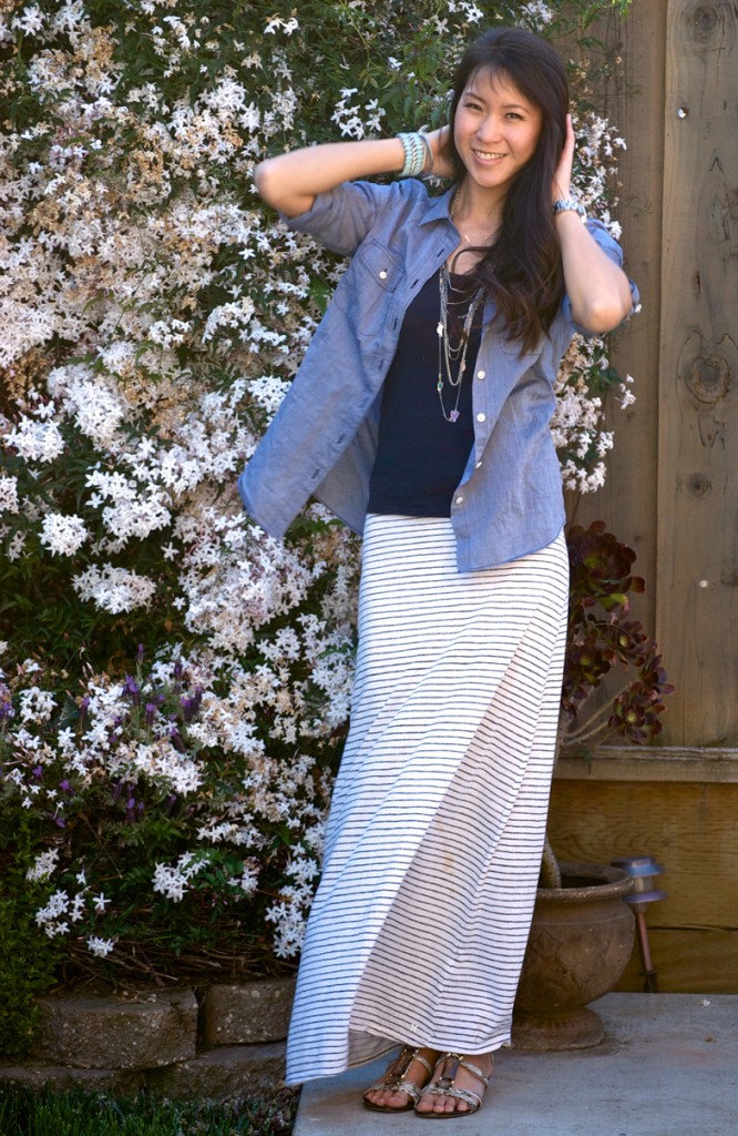 Linen Denim Shirt and Striped Maxi Skirt