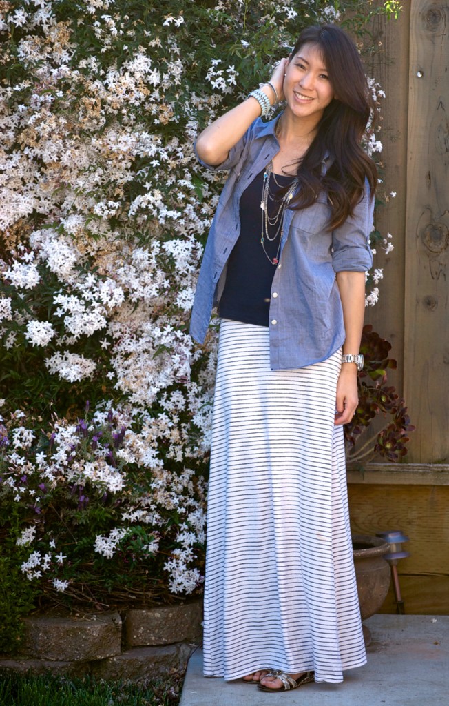 Linen Denim Shirt and Striped Maxi Skirt