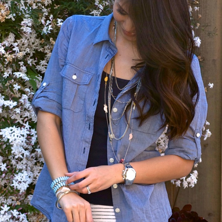 Linen Denim Shirt and Striped Maxi Skirt