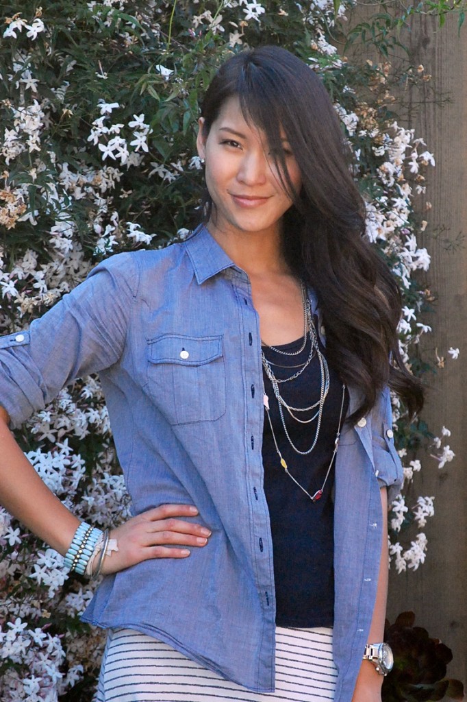 Linen Denim Shirt and Striped Maxi Skirt