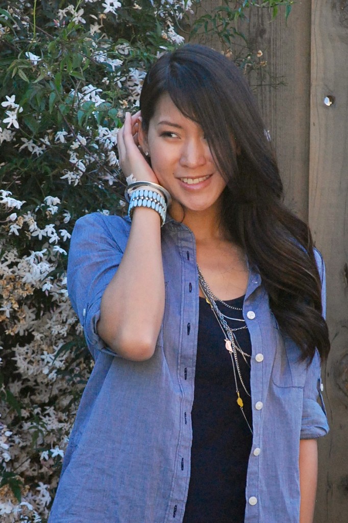 Linen Denim Shirt and Striped Maxi Skirt