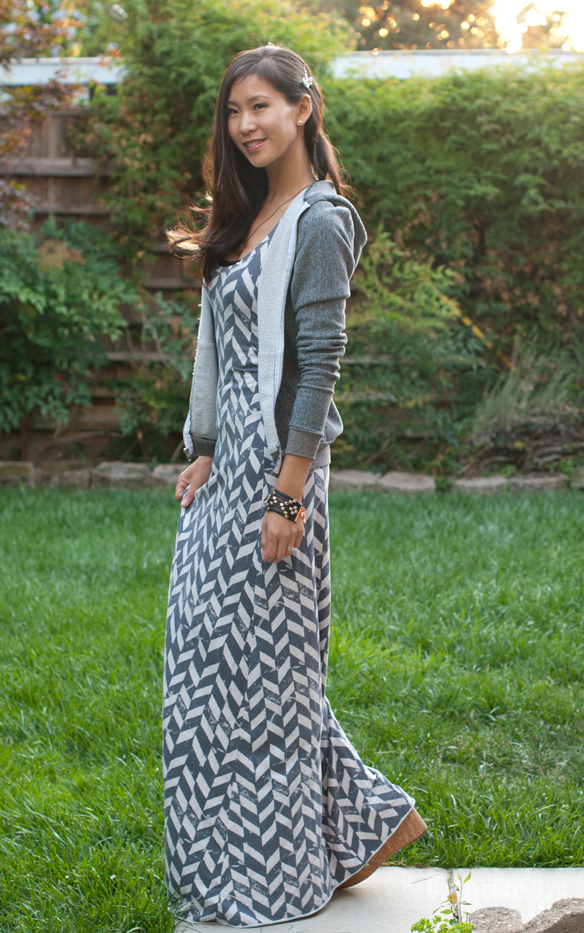 Alternative Print Maxi Dress and shark tooth necklace