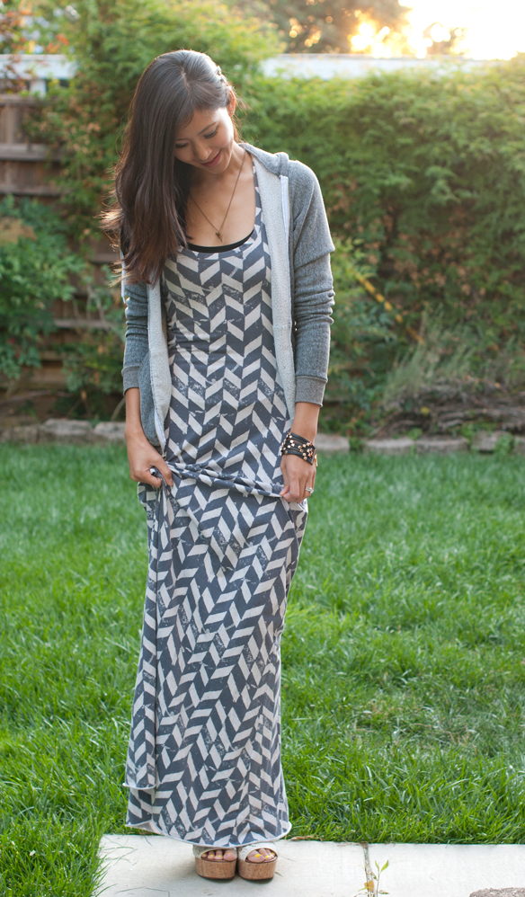 Alternative Print Maxi Dress and shark tooth necklace