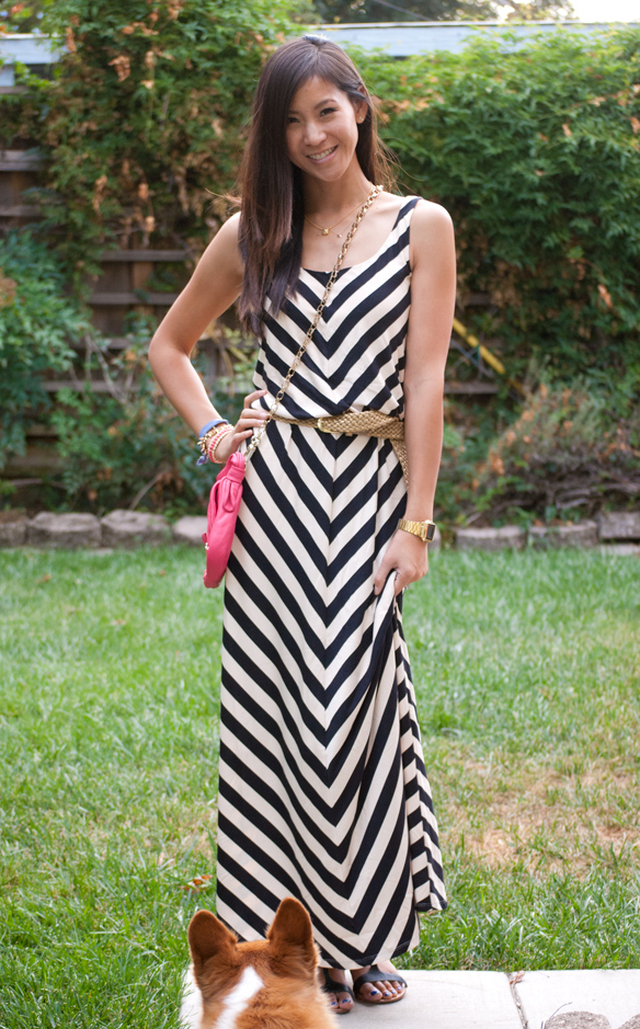 Chevron maxi dress and corgi