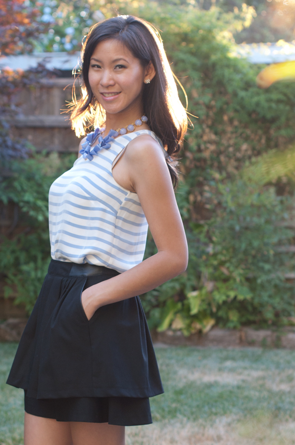 Striped Tank and Leather band skirt with statement necklace