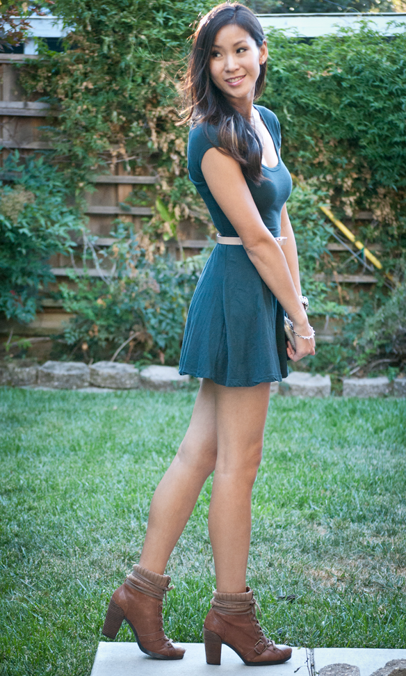 Brandy Melville Bethan Green Dress and ankle lace up boots