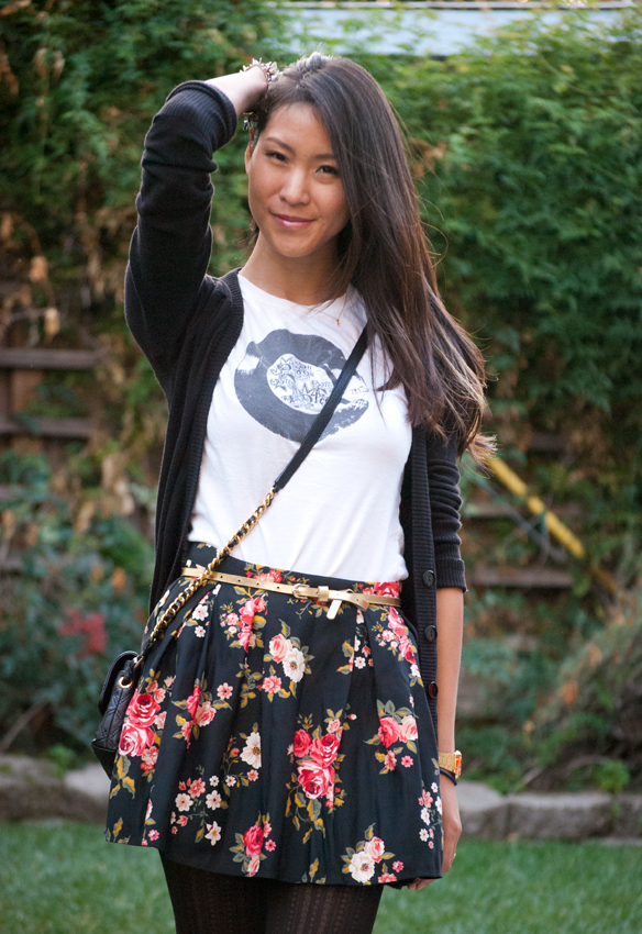 Floral Skirt T-shirt and Cardigan outfit