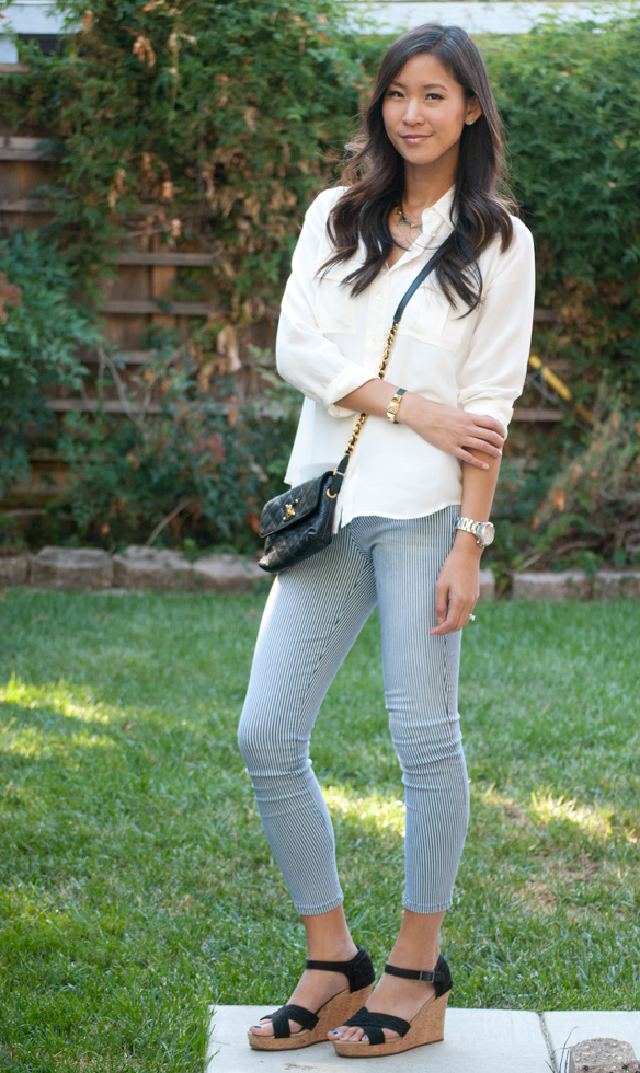 Level 99 striped janice skinny jean with toms crochet wedges