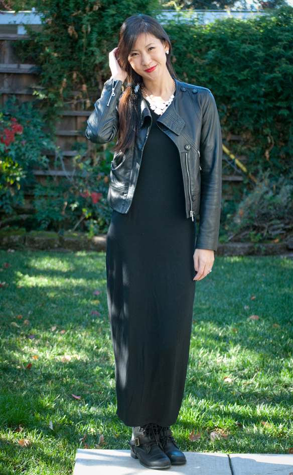 Long black T-shirt Maxi Dress and Leather Moto Jacket