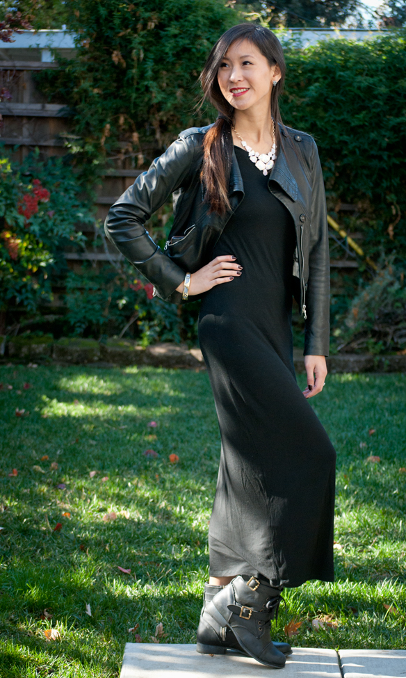 Long black T-shirt Maxi Dress and Leather Moto Jacket