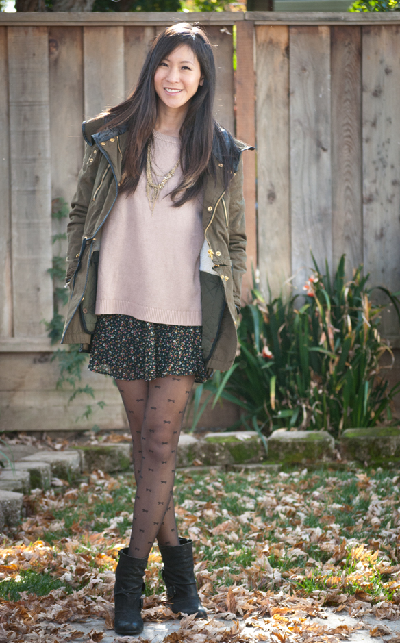 Zara Parka with Brandy Melville Sweater and Floral Skirt Tights