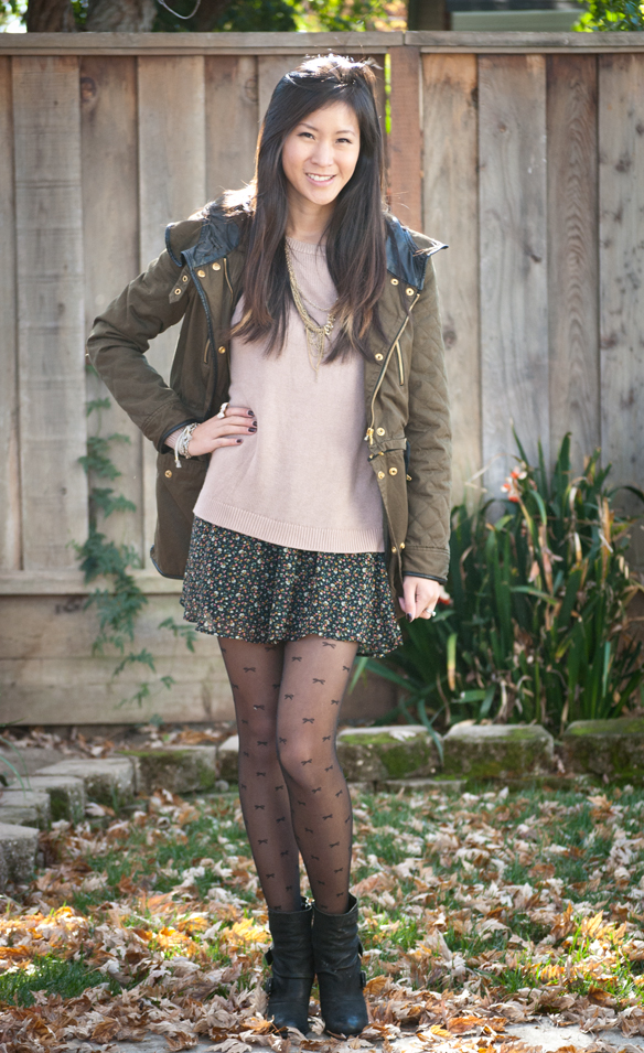 Zara Parka with Brandy Melville Sweater and Floral Skirt Tights