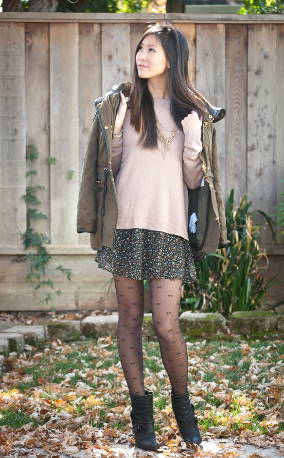 Zara Parka with Brandy Melville Sweater and Floral Skirt Tights