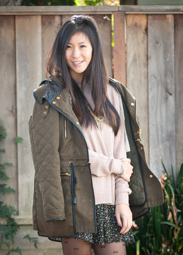 Zara Parka with Brandy Melville Sweater and Floral Skirt Tights