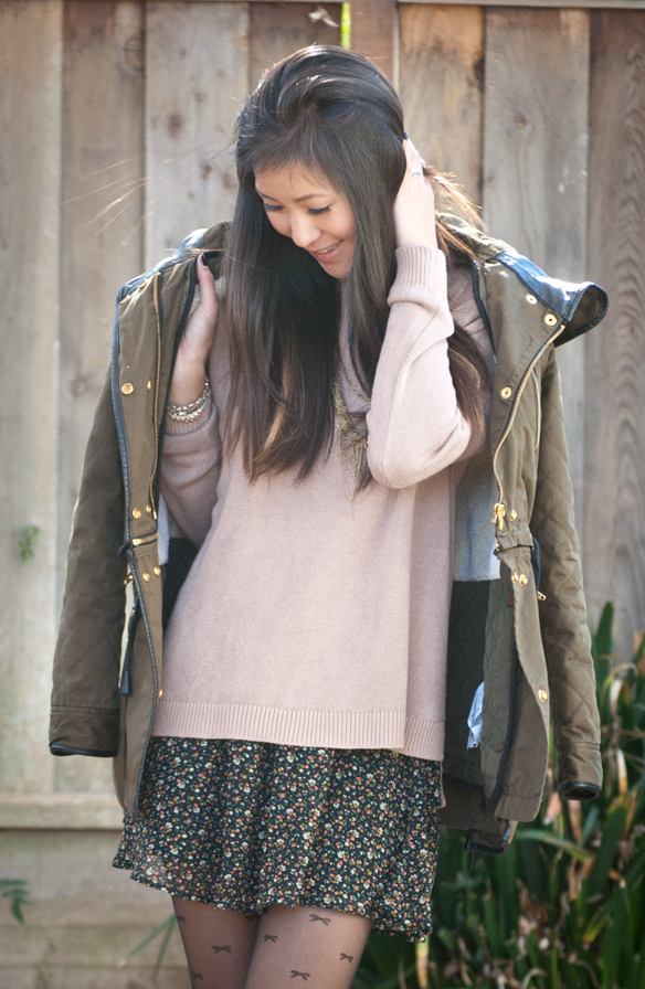 Zara Parka with Brandy Melville Sweater and Floral Skirt Tights