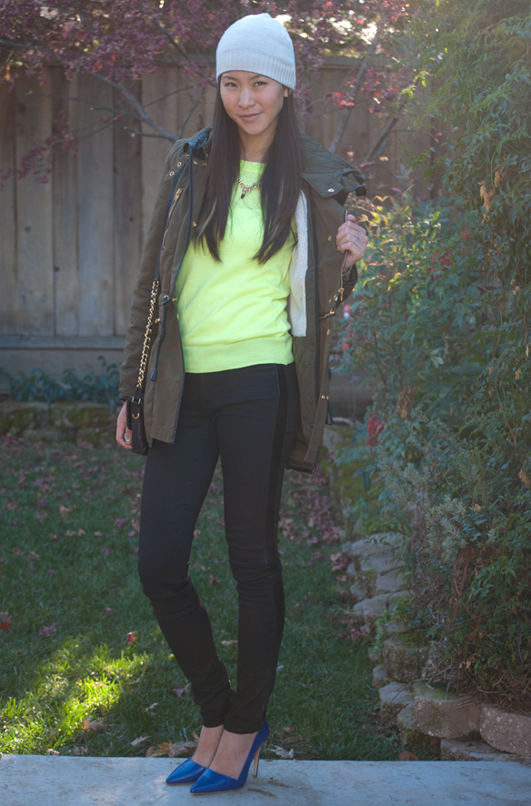 Jcrew Neon Tippi Sweater and Leather Tuxedo Skinny Jeans 