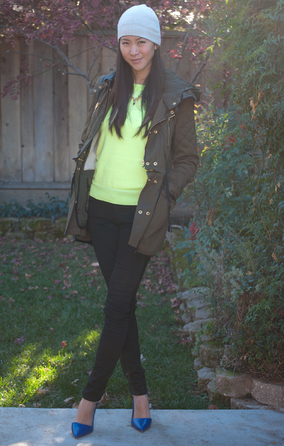 Jcrew Neon Tippi Sweater and Leather Tuxedo Skinny Jeans 