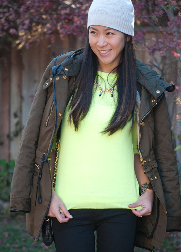 Jcrew Neon Tippi Sweater and Leather Tuxedo Skinny Jeans 