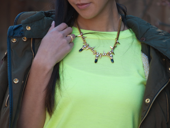 JCrew Neon Yellow Tippi Sweater and Bar III Skull Necklace