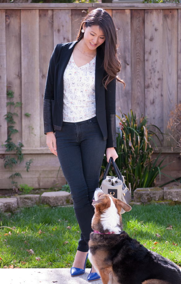 Corgi Print Shirt and Theory Leather trim Blazer