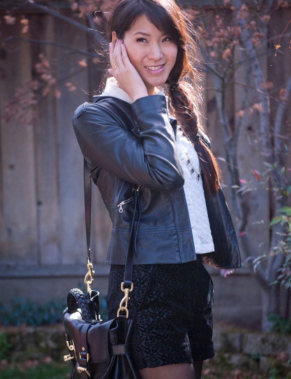 Leather moto jacket and velvet print shorts