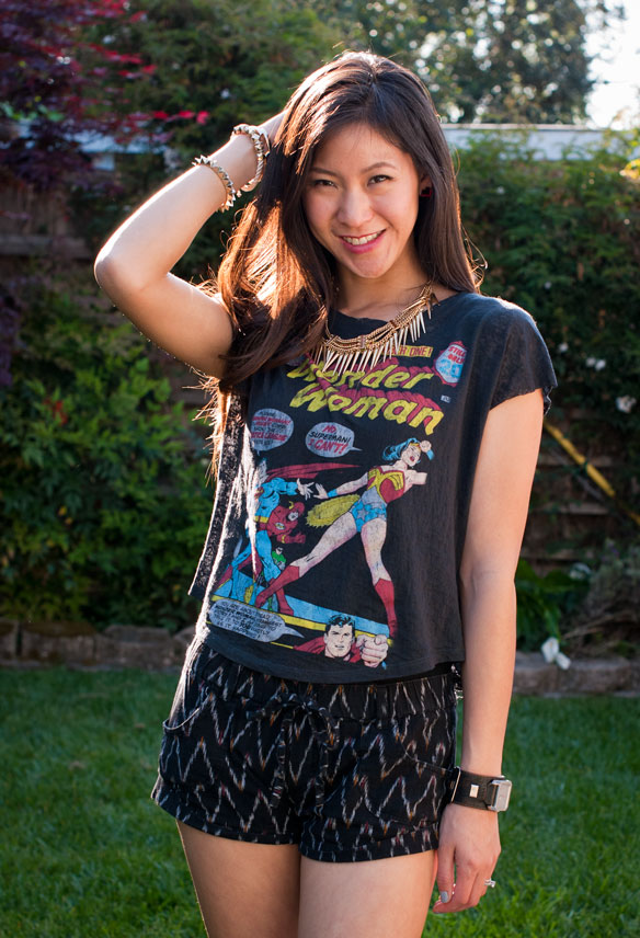 wonder woman tee and tribal shorts outfit 