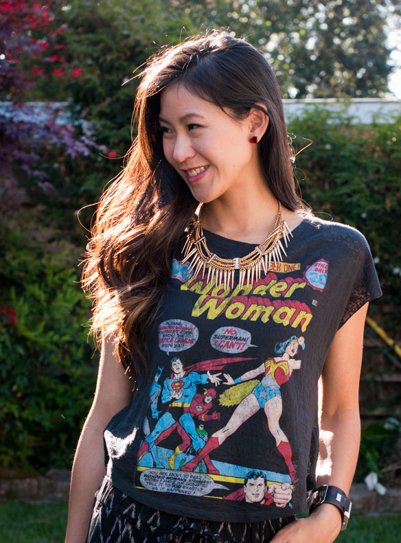 wonder woman tee and tribal shorts outfit 