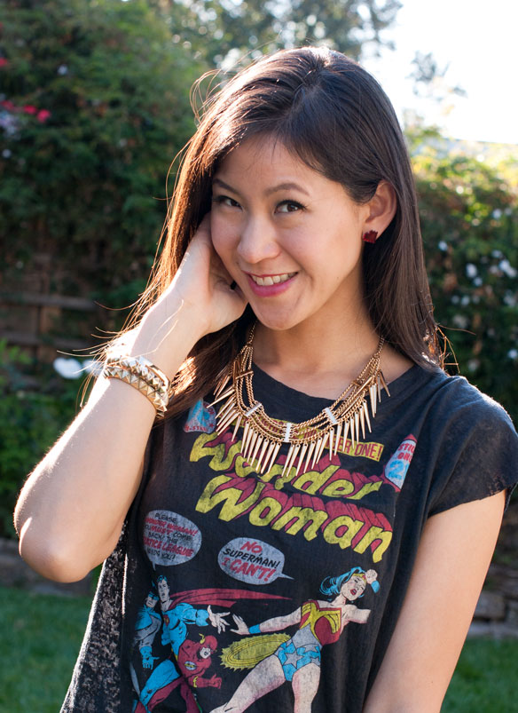 wonder woman tee and spiked statement necklace