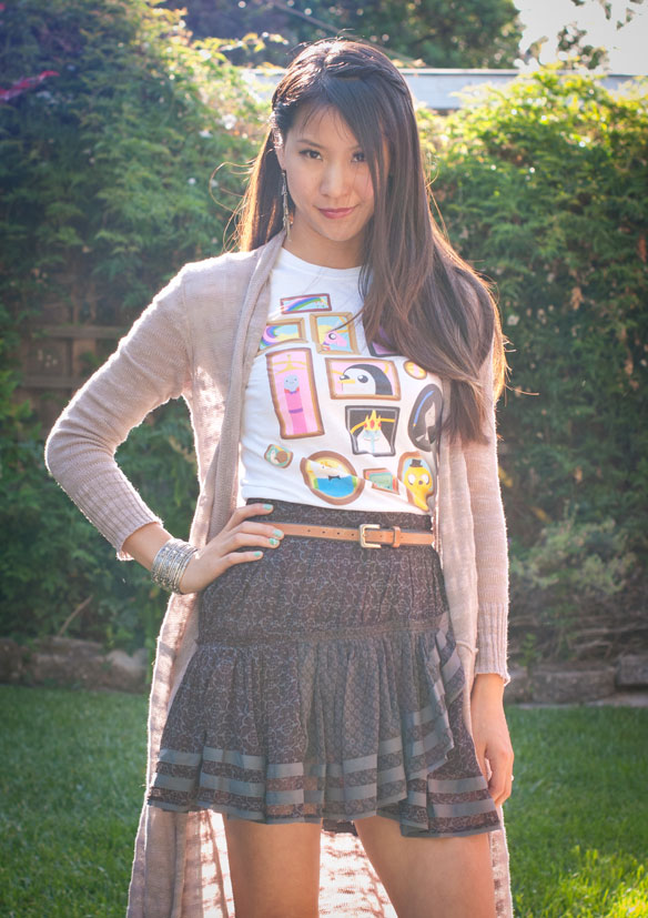 Mighty Fine Adventure Time shirt and Free people cardigan and skirt