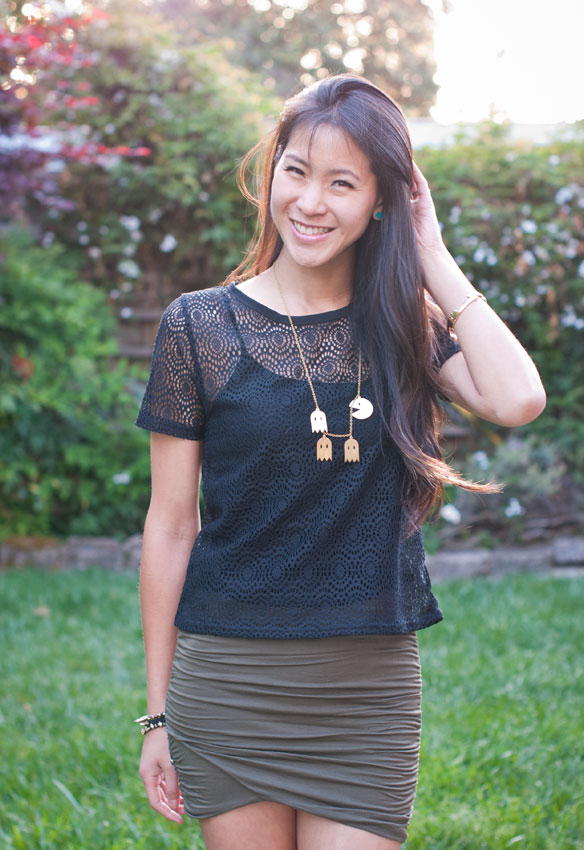 Sheer Black Top and Free People scrunch skirt w/Pac man necklace