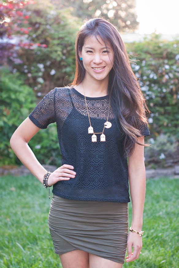 Sheer Black Top and Free People scrunch skirt w/Pac man necklace