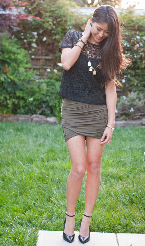 Sheer Black Top and Free People scrunch skirt w/Pac man necklace