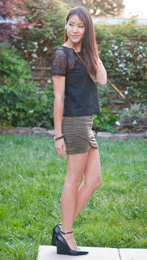 Sheer Black Top and Free People scrunch skirt w/Pac man necklace