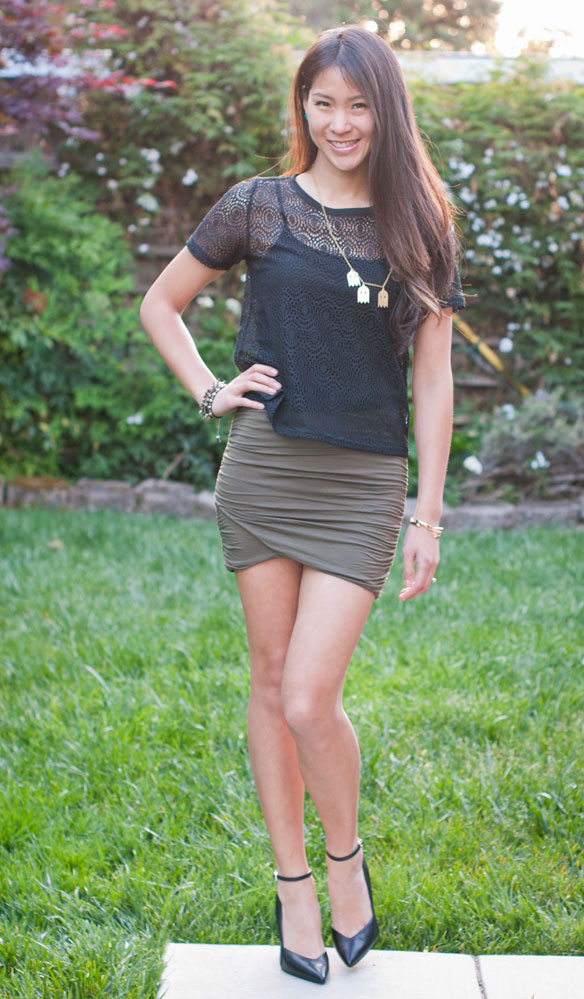 Sheer Black Top and Free People scrunch skirt w/Pac man necklace