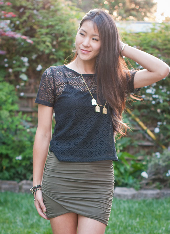 Sheer Black Top and Free People scrunch skirt w/Pac man necklace