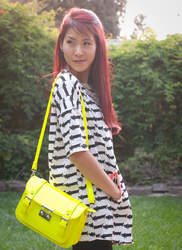 Cat Print Dress and Neon Yellow Crossbody bag
