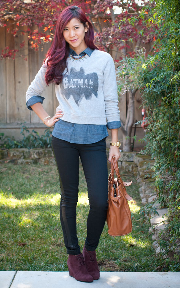 Preppy Batman Sweatshirt and chambray shirt