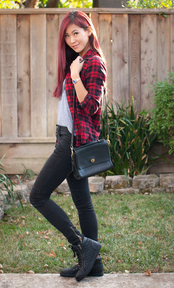 Red Black Plaid Flannel and Moto Jeans