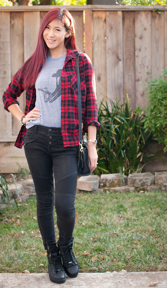 Red Black Plaid Flannel and Moto Jeans