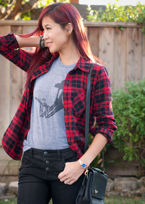 Red Black Plaid Flannel and Moto Jeans