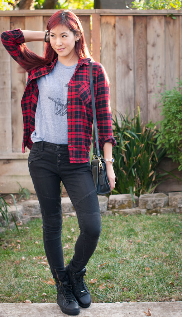 Red Black Plaid Flannel and Moto Jeans
