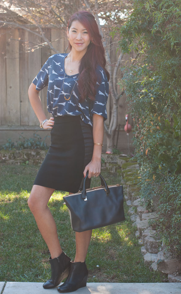 Equipment Aerial Plane Print Blouse and Wool Pencil Skirt