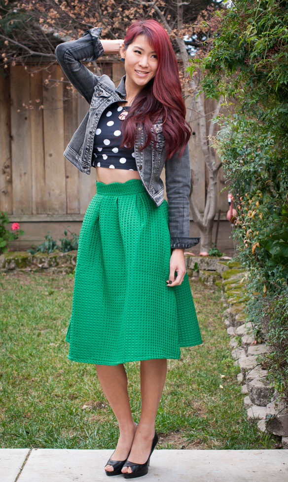 Green Midi Skirt and polka dot top