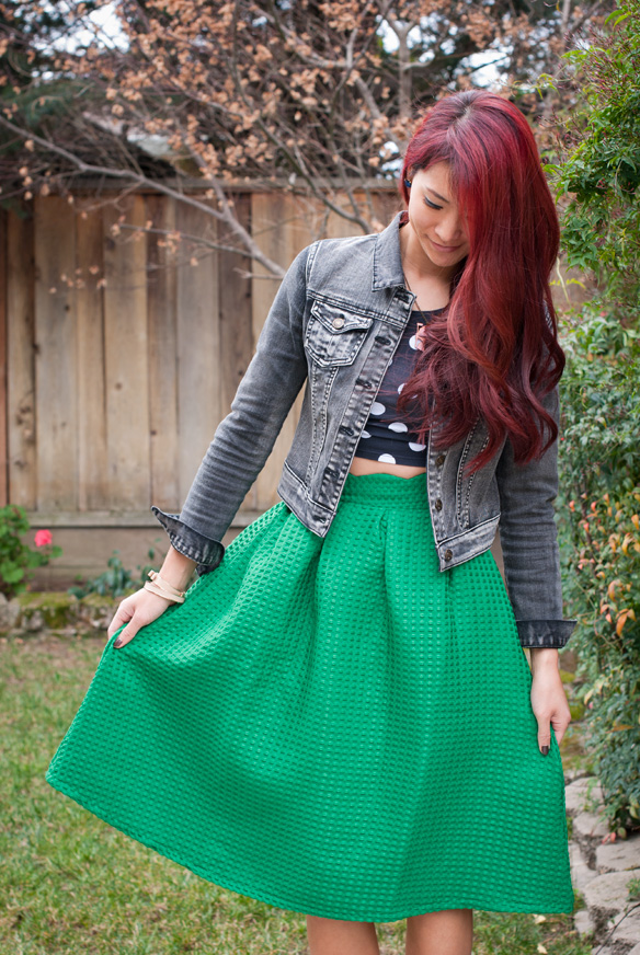 Green Midi Skirt and polka dot top