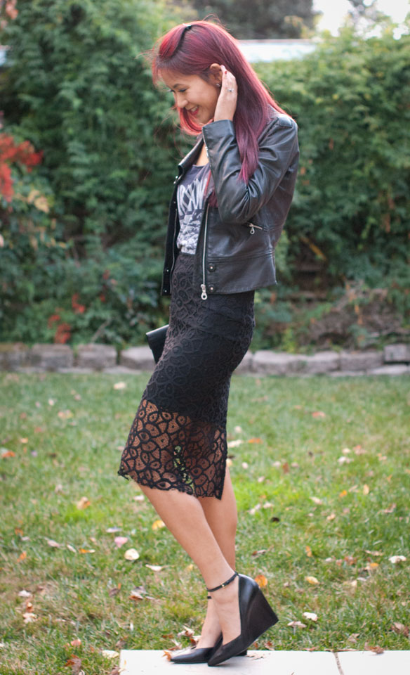 Nirvana Tank with Leather Jacket and Lace skirt